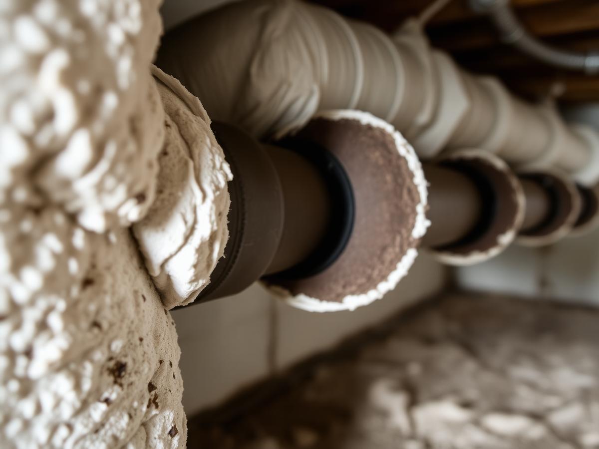 Aging pipe insulation in a basement, partially sealed with a white encapsulating coating